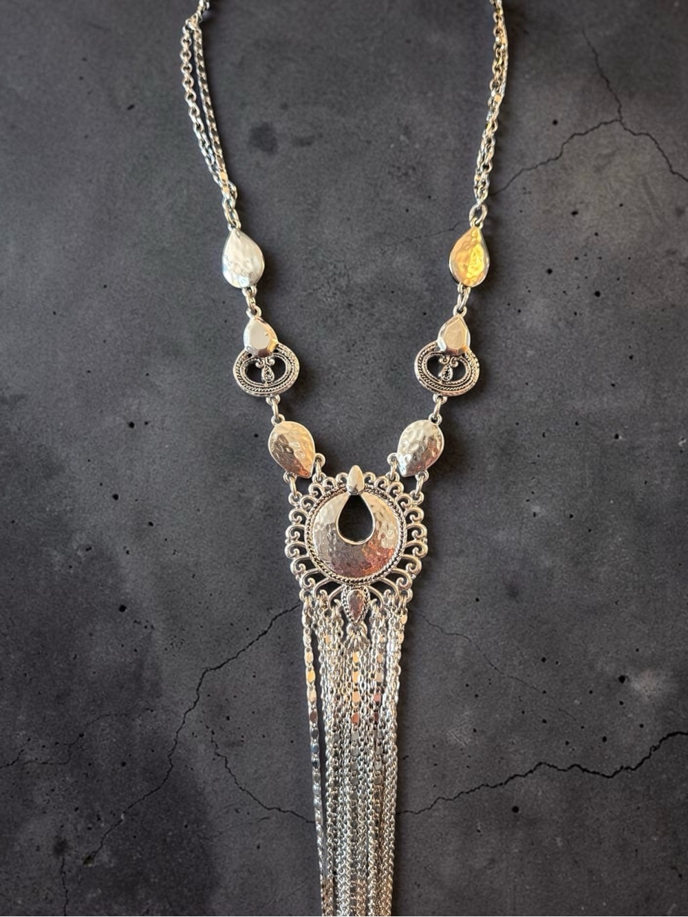 Chico’s Silver-Tone Statement Necklace • Hammered Pendant • Long Tassel